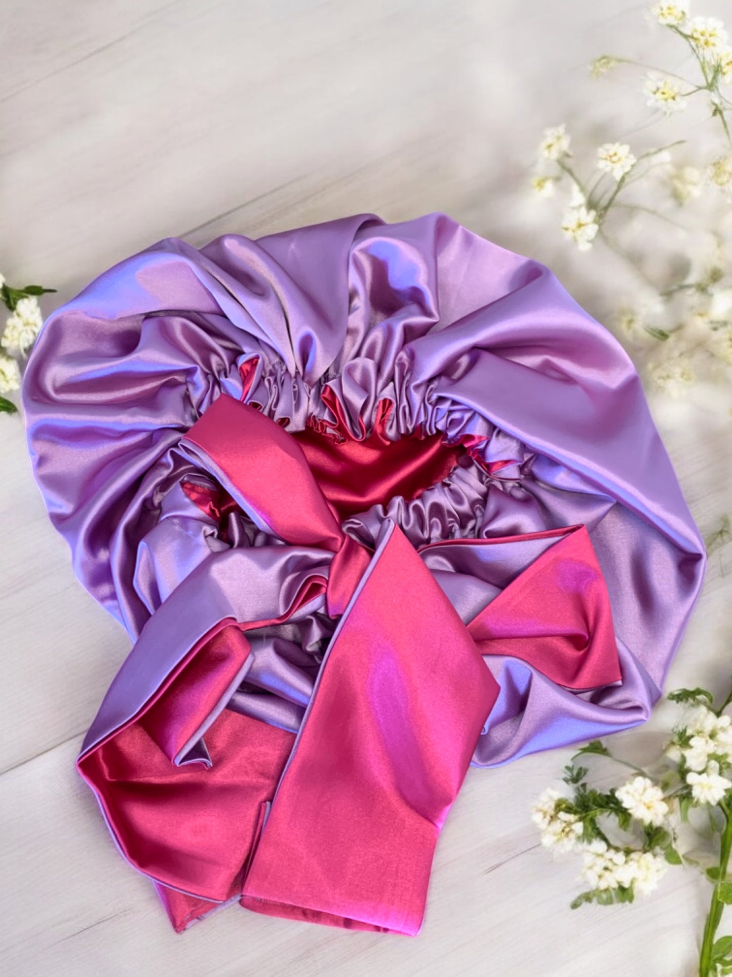 Lilac and Hot Pink Satin Hair Bonnet