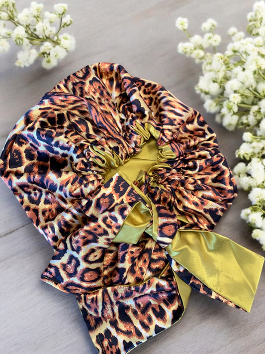 Mustard and Gold Printed Satin Hair Bonnet